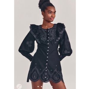 LoveShackFancy Black Embroidered Mini Dress